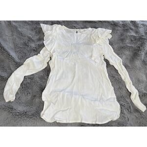 H&M Women’s Top Size 2 White Ruffle Round Neck Button Soft Lightweight Shirt